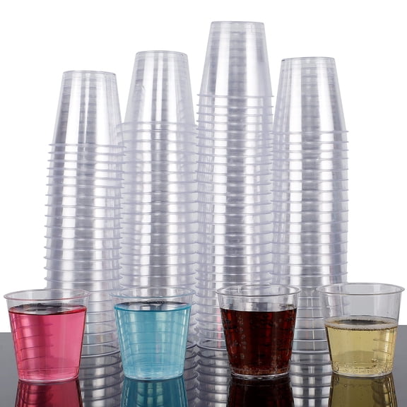 100 Shot Glasses, 1oz Clear Plastic Disposable Hard Cups, Mini Cups Great Container for Sauce, Sample Tasting, Jello Shots, Pudding
