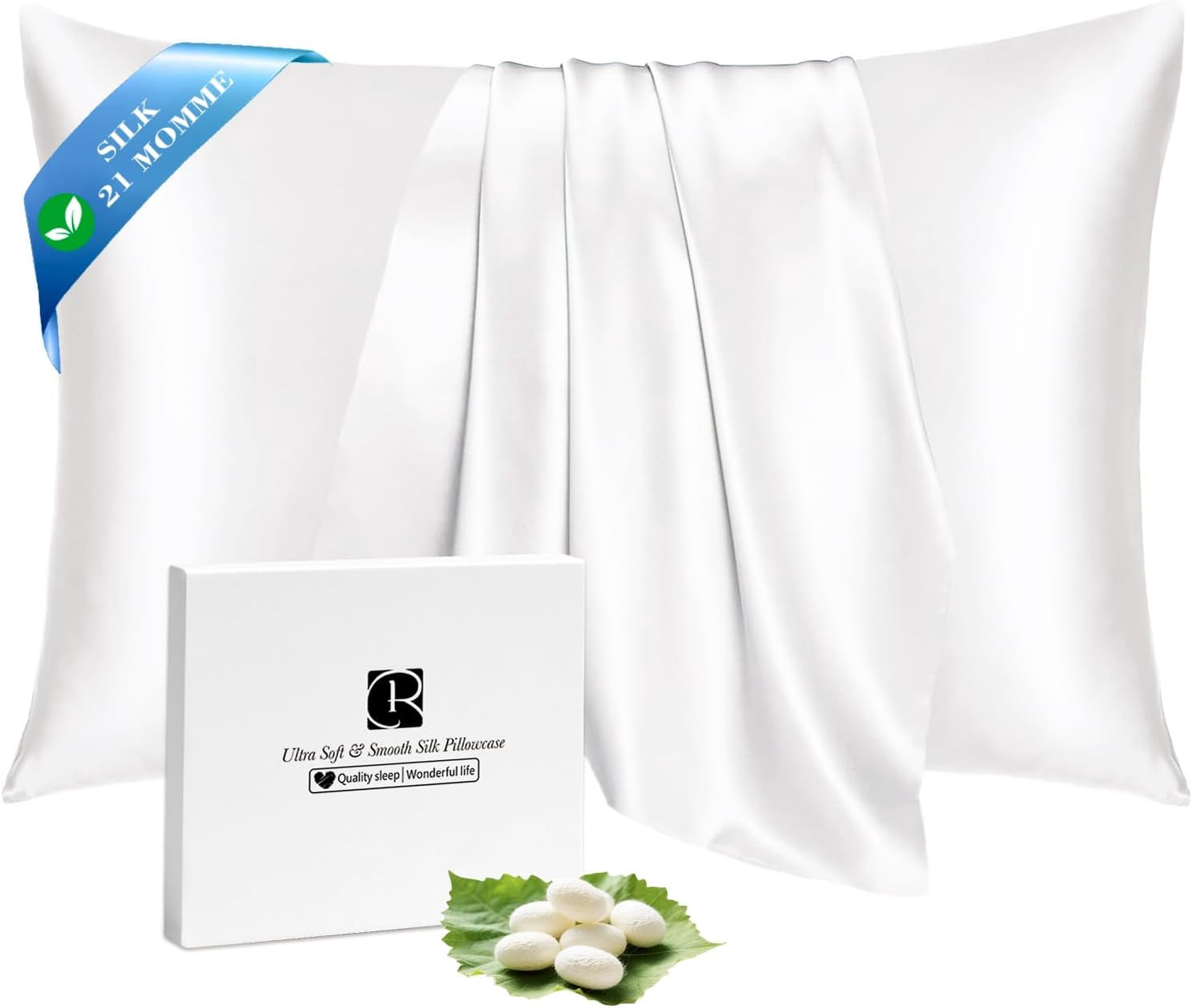 100% Silk Pillow Cases with Zipper, 21 Momme Mulberry Pillowcase for Hair Skin Health, Soft Smooth Breathable Cool Cover Beauty Sleep(Standard 20"x26", Ivory White) 1PC
