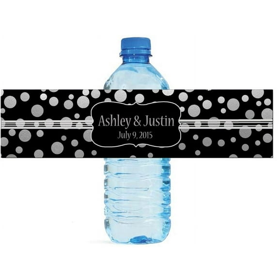 100 Silver Confetti Black Background Wedding Water Bottle Labels Engagement Party 8"x2"