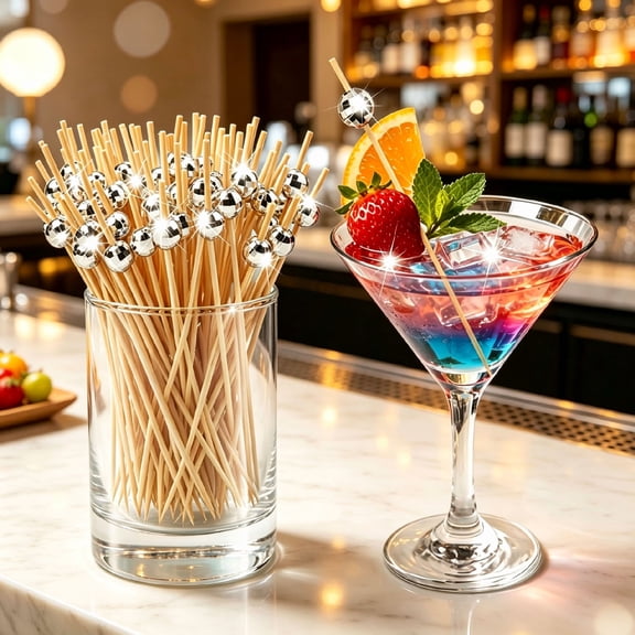100 Silver Disco Ball Cocktail Picks, 4.7-Inch Wooden Toothpicks for Appetizers, Drinks & Fruit Skewers, Party Drink Stirrers & Food Garnish Sticks