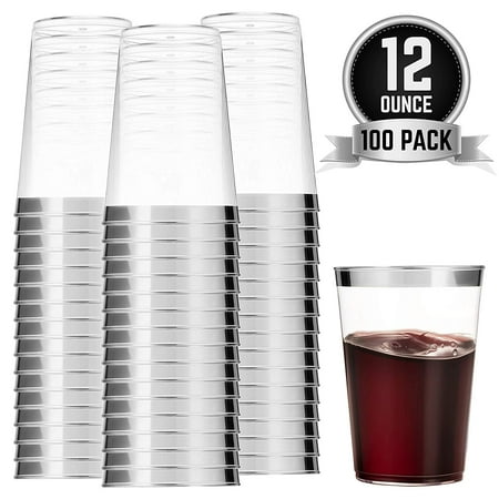 100 Silver Plastic Cups 12 Oz Clear Plastic Cups Tumblers Silver Rimmed Cups Fancy Disposable Wedding Cups Elegant Party Cups with Silver Rim