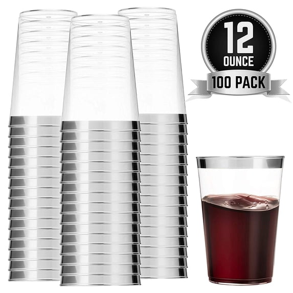 100 Silver Plastic Cups 12 Oz Clear Plastic Cups Tumblers Silver Rimmed Cups Fancy Disposable Wedding Cups Elegant Party Cups with Silver Rim