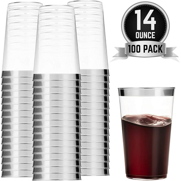 100 Silver Plastic Cups 14 Oz Clear Plastic Cups Tumblers Silver Rimmed Cups Fancy Disposable Wedding Cups Elegant Party Cups with Silver Rim