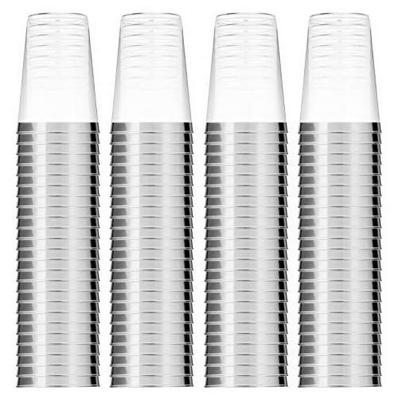 100 Silver Plastic Cups 16 Oz Clear Plastic Cups Tumblers Silver Rimmed Cups Fancy Disposable Wedding Cups Elegant Party Cups with Silver Rim