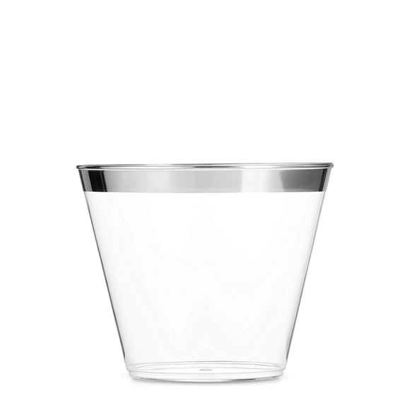 100 Silver Plastic Cups 9 Oz Clear Plastic Cups Old Fashioned Tumblers Silver Rimmed Cups Fancy Disposable Wedding Cups Elegant Party Cups with Silver Rim