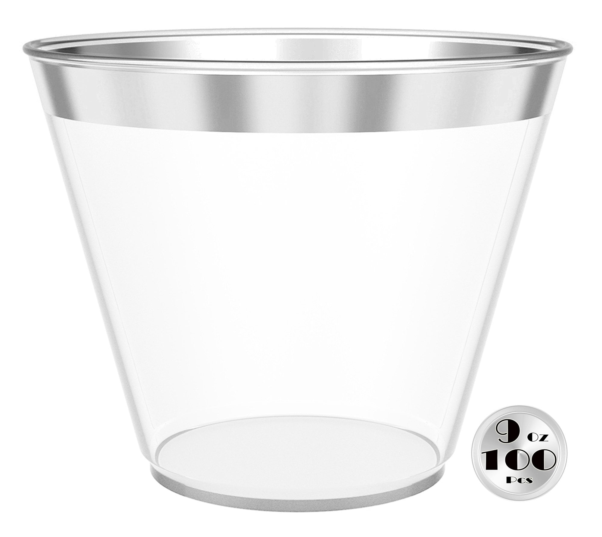 100 Silver Plastic Cups - 9 Oz Reusable and Recyclable - Elegant Silver Rim Clear Tumblers for Weddings, Anniversaries, Showers, Parties - Small Drinking Cups by JL Prime