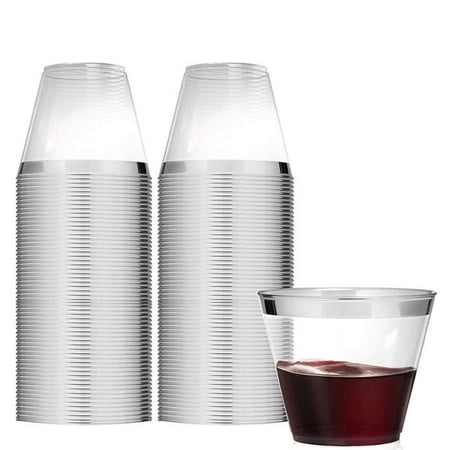 100 Silver Plastic Cups 9 oz Clear Plastic Cups Old Fashioned Tumblers Silver Rimmed Cups Fancy Disposable Wedding Cups with Silver Rim Posh Setting