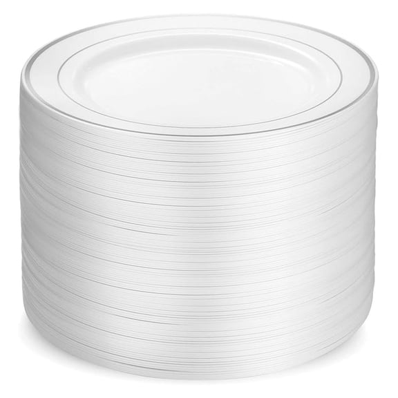 100 Silver Plastic Dinner Plates Set, 10.25 Inch Disposable Heavy Duty Fancy Wedding Party Plates, White with Silver Rim