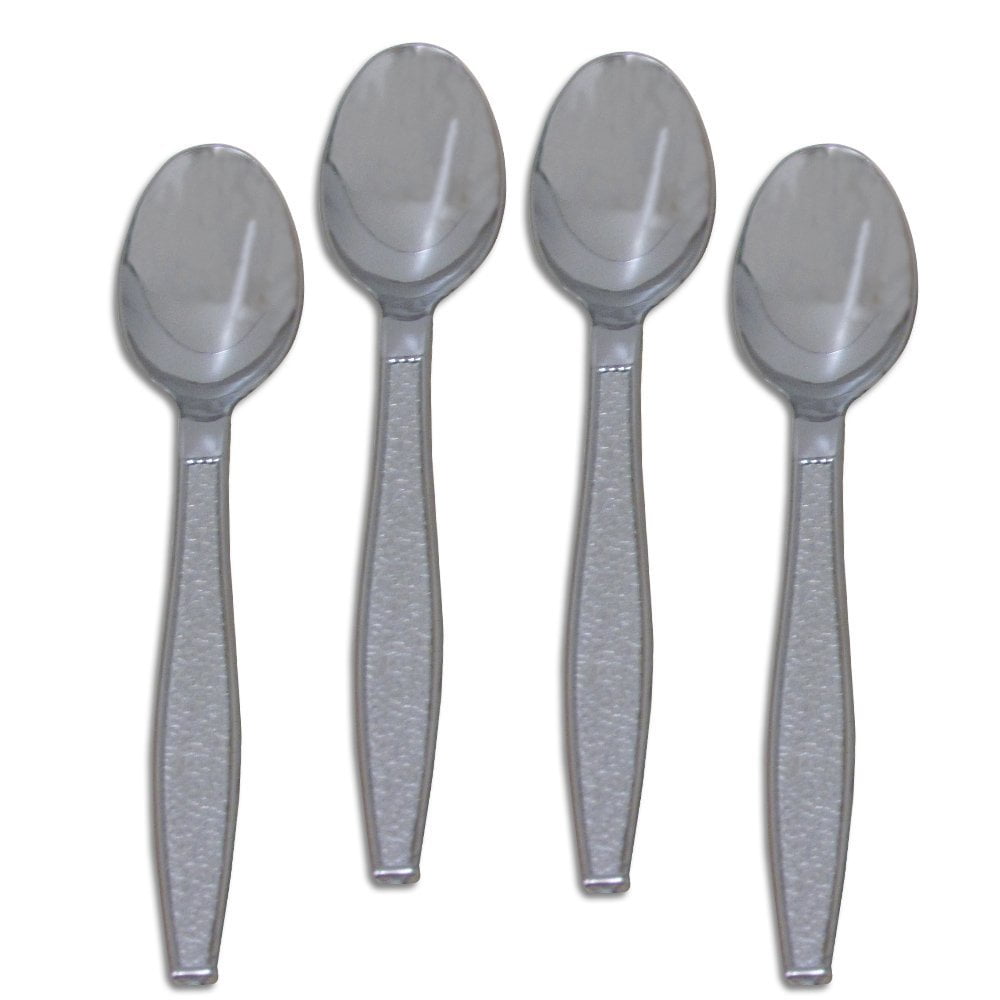 Plastic Spoons - Shiny Baroque Silver Spoons