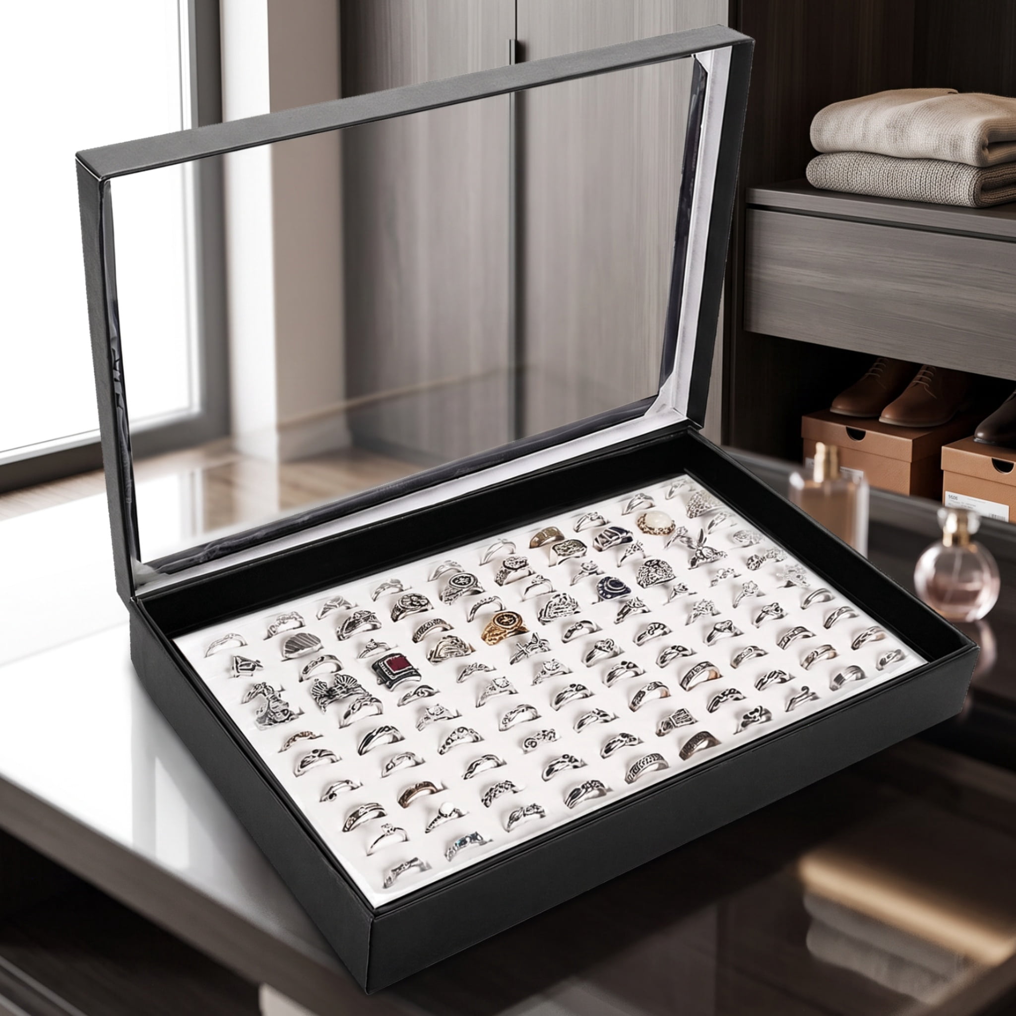 100 Slot Jewelry Ring Organizer, Display Showcase Box with Transparent ...