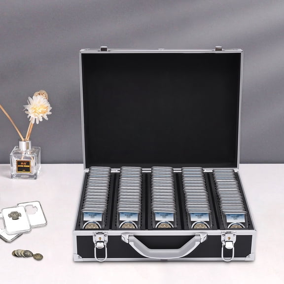 100 Slots Black Coin Storage Box, Aluminum Alloy Coin Slab Case for Various Denominations and Types of Coins and Is Suitable As A Coin Holder for Coin Collectors.