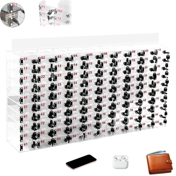 100 Slots Phone Locker Box 10-Tiers Clear Storage Cabinet Bin with Door Locks 2 Keys Wall Mounted Tabletop Display Rack 40.6 x 7.2 x 20.8 in