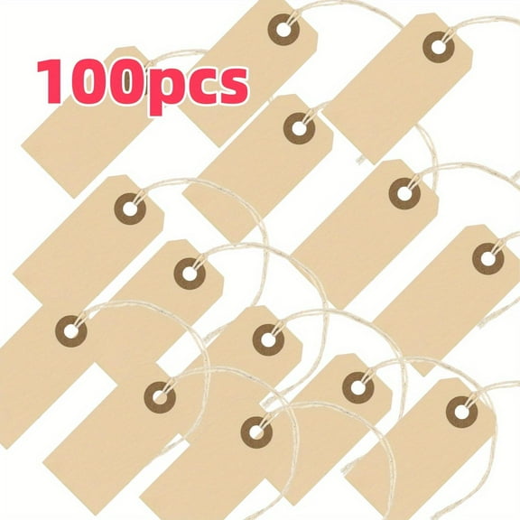 100 Small Manila Paper Tags with String - #1, 2 3/4” x 1 3/8” - Hang Shipping Labels with String Attached and Reinforced Hole, Pre-Strung Tags