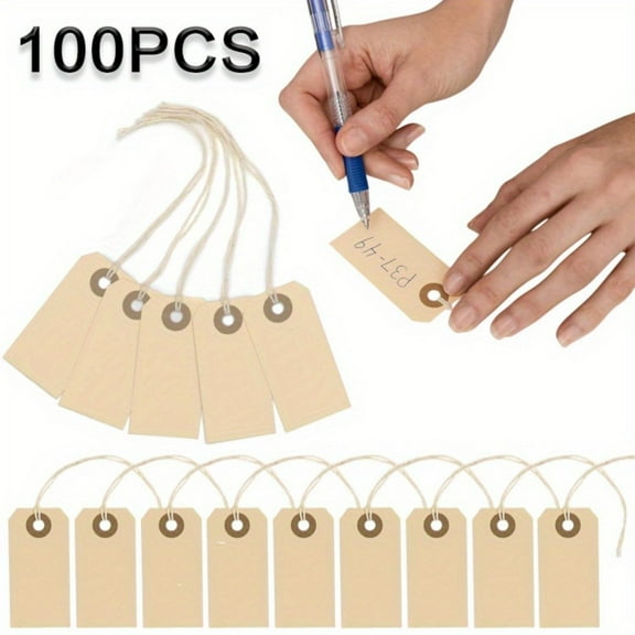 100 Small Manila Paper Tags with String  - Hang Shipping Labels with String Attached and Reinforced Hole, Pre-Strung Tags