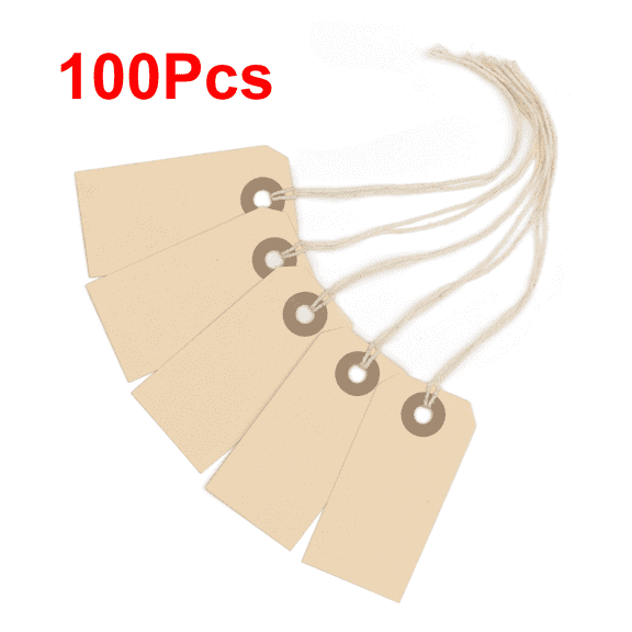 100 Small Manila Paper Tags with String - Hang Shipping Labels with String Attached and Reinforced Hole, Pre-Strung Tags