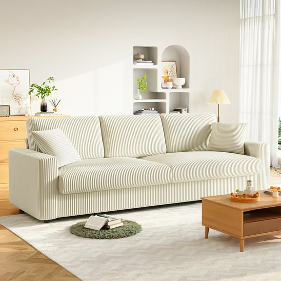 100" Sofa Couch for Living Room,24" Extra Deep Seat Corduroy Sofa,Wide Arm,Comfy Upholstered Oversized Loveseat,2 Pillows,Beige