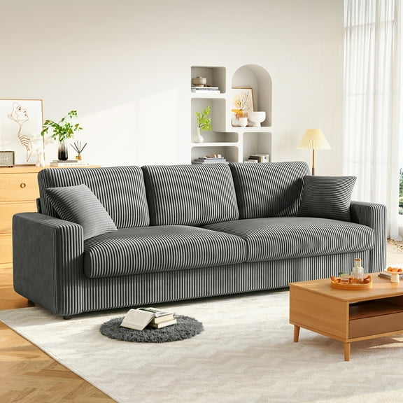100" Sofa Couch for Living Room,24" Extra Deep Seat Corduroy Sofa,Wide Arm,Comfy Upholstered Oversized Loveseat,2 Pillows,Gray