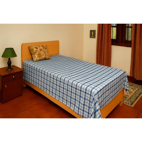 100% Soft Cotton Bedsheet For Single Bed - 60 X 90 Inches, Blue Checks | Soft, Durable & Long Lasting - 400 Thread Count