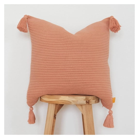 100% Soft Cotton Raised Stripes Textured Rib Knit Throw Pillow Cover with Tassels (18x18, Pink Clay)