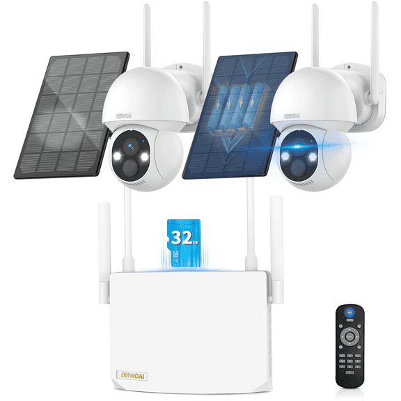 OHWOAI 4MP Solar PTZ Security Camera System, 4 Cameras with 10CH NVR, 360° View, Color Night Vision