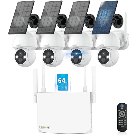 OHWOAI 4MP Solar PTZ Security Camera System, 4 Cameras with 10CH NVR, 360° View, Color Night Vision