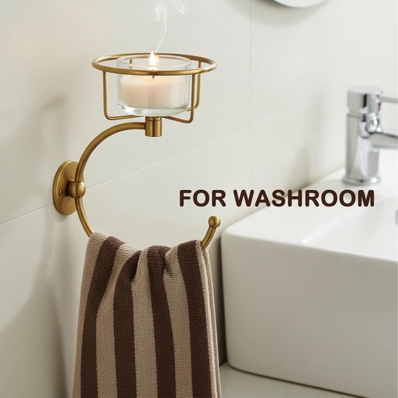 100% Solid Brass Hand Towel Holder for Bathroom Wall  Towel Ring with Candle Holder  Vintage Wall Candle Sconce Bathroom Decor  Antique Brass Towel Holder