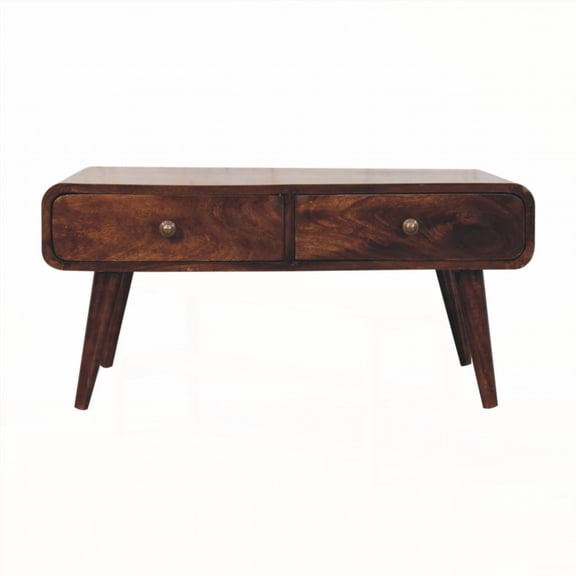 100% Solid Mango Wood Coffee Table with California Walnut Finish|2 Drawers & Nordic Legs