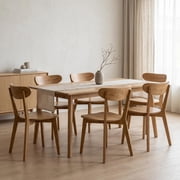 100% Solid Oak Dining Chairs Set of 6, Mid-Century Modern Dining Room Chairs, Wooden Kitchen Chairs with Curved Backrest, Natural Finish, Sillas de Comedor 6 Chairs