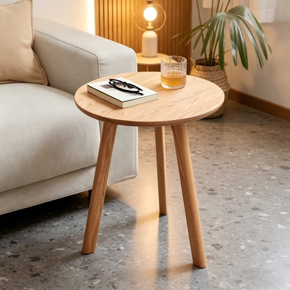 100% Solid Oak Round Side Table, Small Side Table for Small Spaces, 3-Legged Living Room End Table Set of 2 with Stable Frame for Bedroom, Couch Side, Entryway, Natural