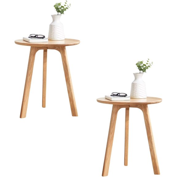100% Solid Oak Round Side Table, Small Side Table for Small Spaces, 3-Legged Living Room End Tables Set of 2with Stable Frame for Bedroom Couch Side Entryway, Natural