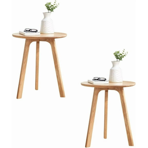 100% Solid Oak Round Side Table, Small Side Table for Small Spaces, 3-Legged Living Room End Tables Set of 2with Stable Frame for Bedroom Couch Side Entryway, Natural