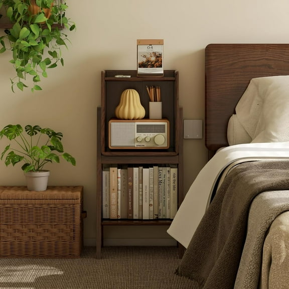 100% Solid Oak Small Bookshelf, Small Bookcase with Stable Frame, Wood Side Table with Storage for Living Room Bedroom Couch (Walnut,11.02" L x 14.96" W x 32.67" H)