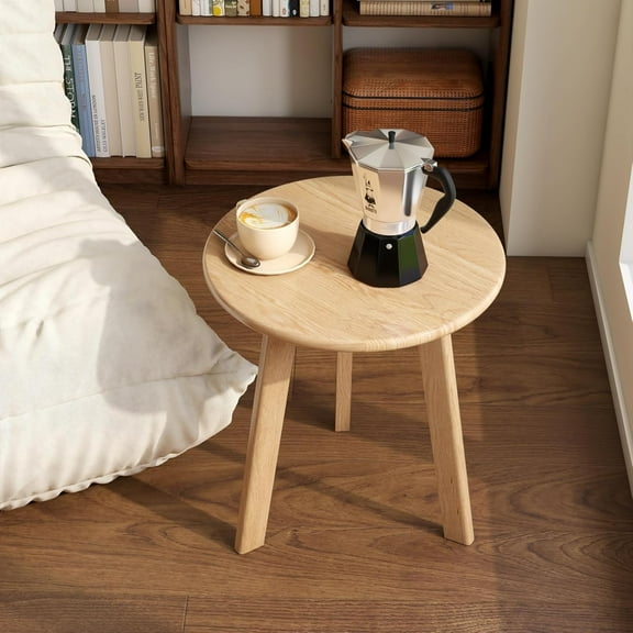 100% Solid Oak Small Round Side Table, Mid Century Modern Coffee Table for Small Spaces, Living Room End Table with Stable Frame for Bedroom Couch, (Natural, 17.71" D x 17.71" W x 19.68" H)