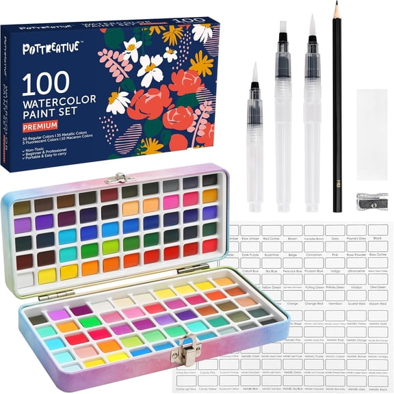 100 Solid Watercolor Paint Kit, Beginner Portable Travel Case with Brushes, Metallic, Macaron, Fluorescent Art Supplies for Anime, Portrait, Canvas Painting - Great Gift for Festivals, Back to School
