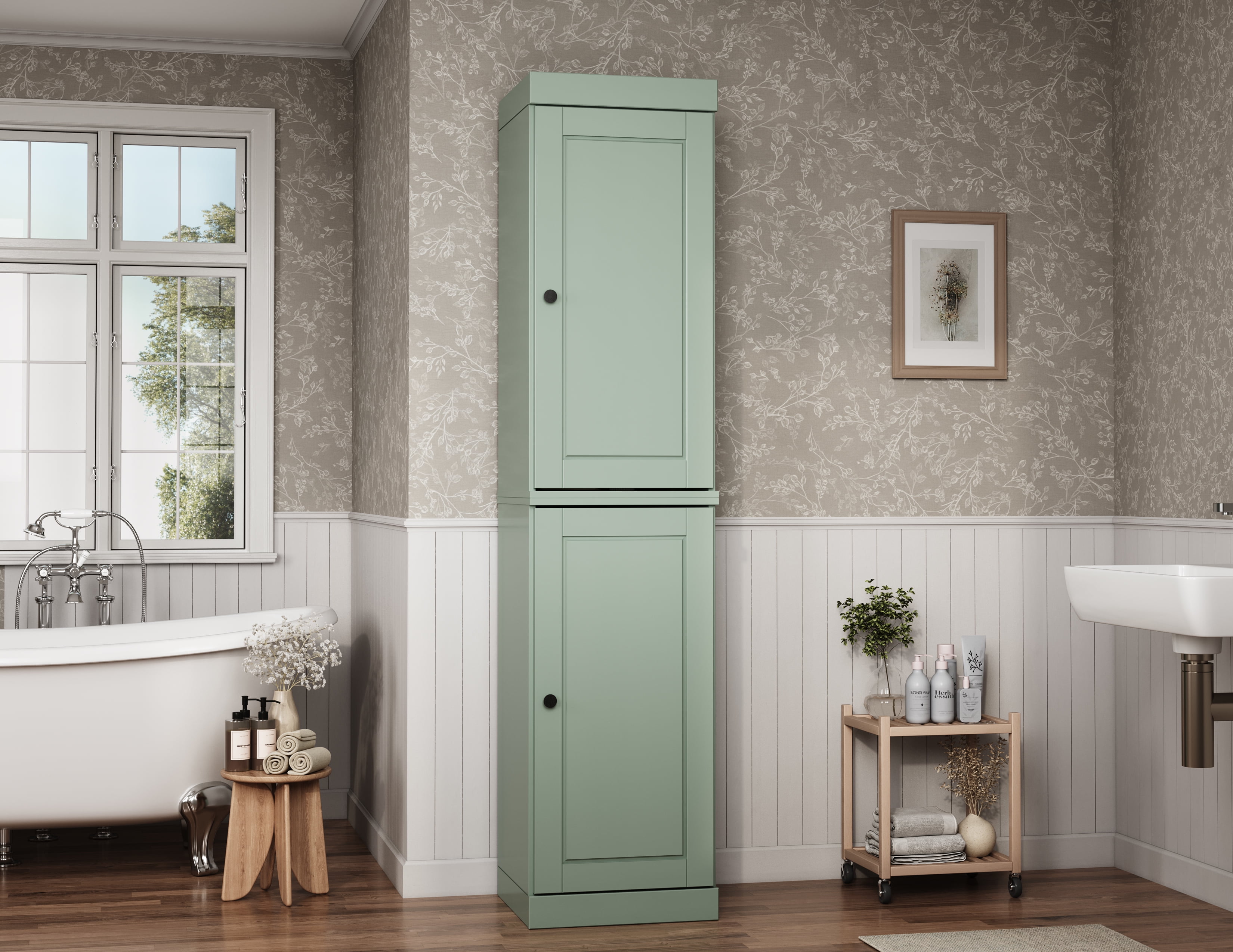 Sage Green Solid Wood Living Room Cabinet with Adjustable Shelving