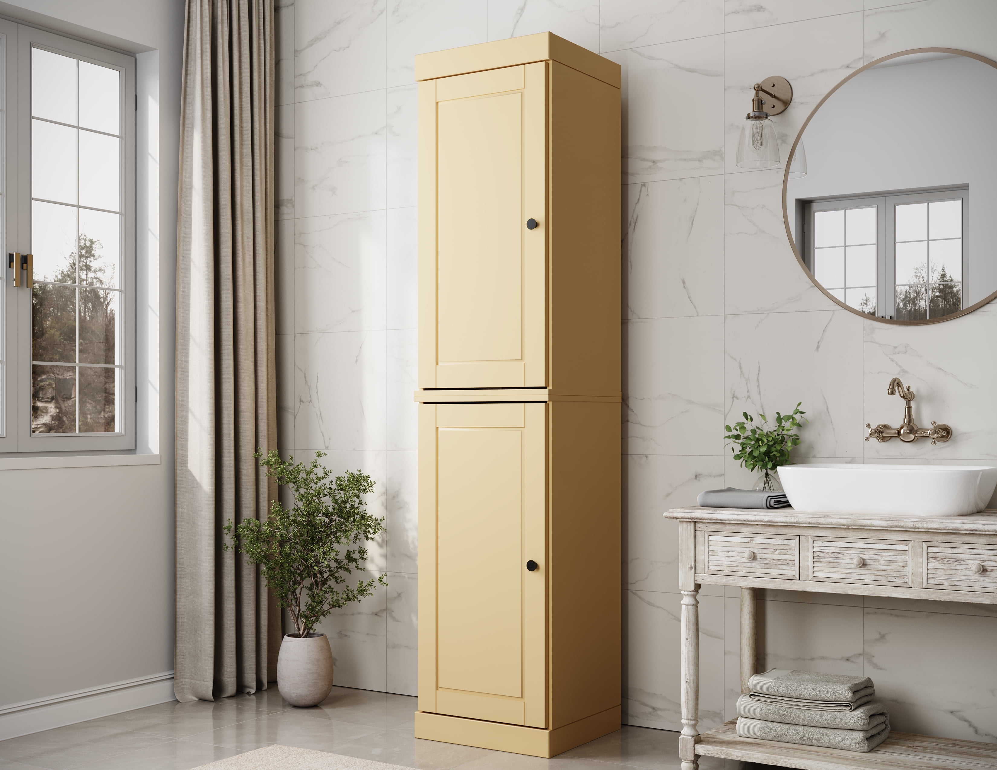Tall Yellow Solid Wood Cabinet with Adjustable Shelving