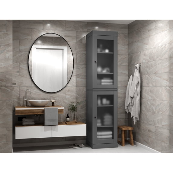 100% Solid Wood 16.5" Bathroom Cabinet with Frosted Glass Doors and Adjustable Shelves