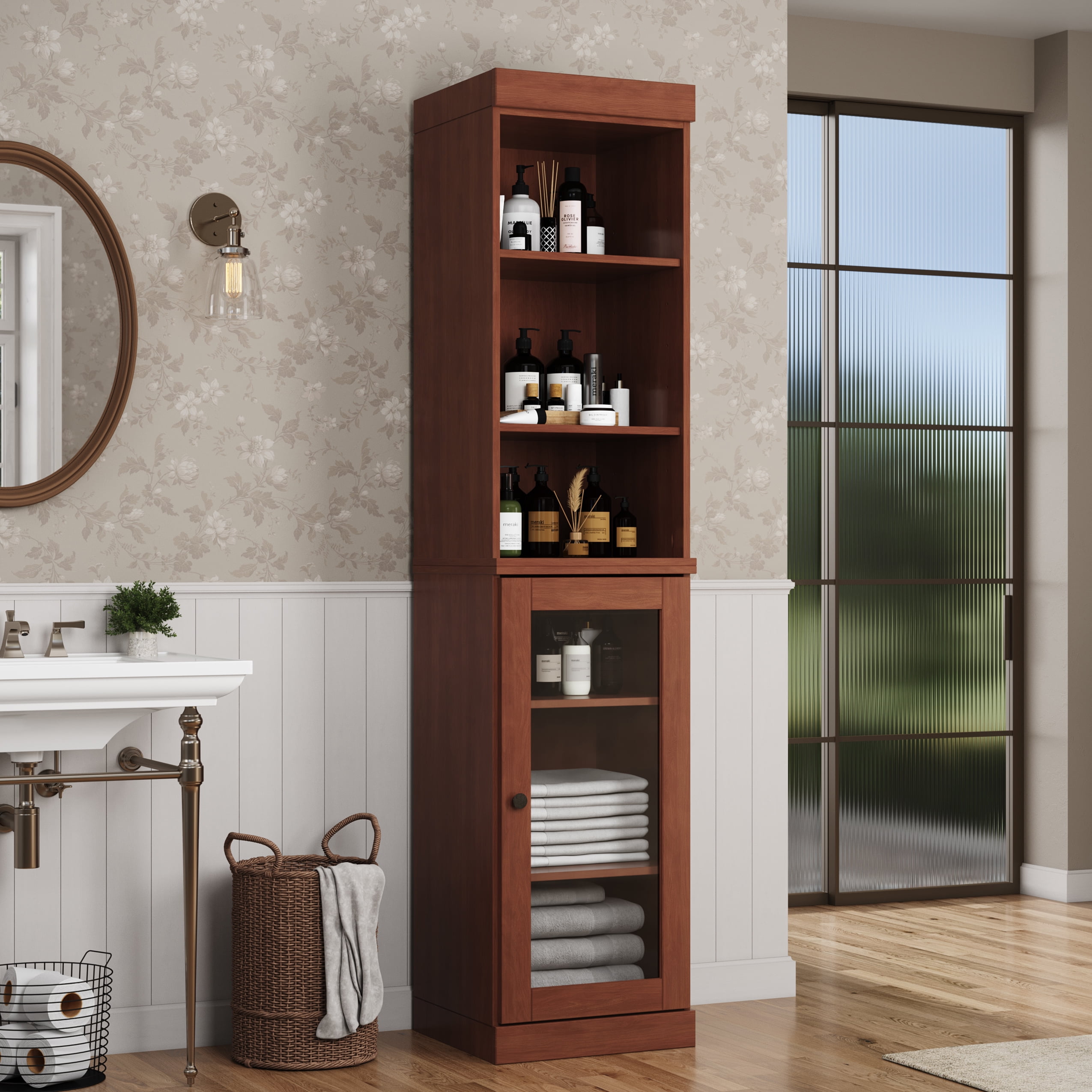 100% Solid Wood 16.5" Bathroom Storage Cabinet with Clear Glass Doors ...