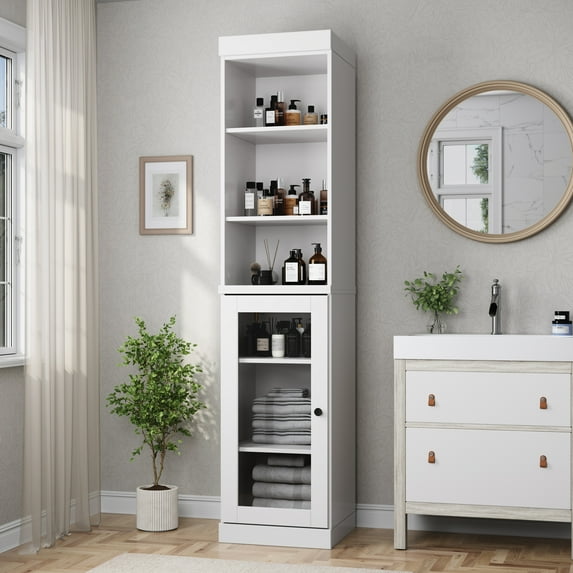 100% Solid Wood 16.5" Bathroom Storage Cabinet with Clear Glass Doors and Adjustable Shelves