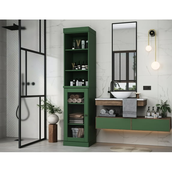 100% Solid Wood 16.5" Bathroom Storage Cabinet with Clear Glass Doors and Adjustable Shelves