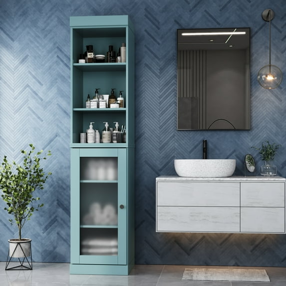 100% Solid Wood 16.5" Bathroom Storage Cabinet with Frosted Glass Doors and Adjustable Shelves
