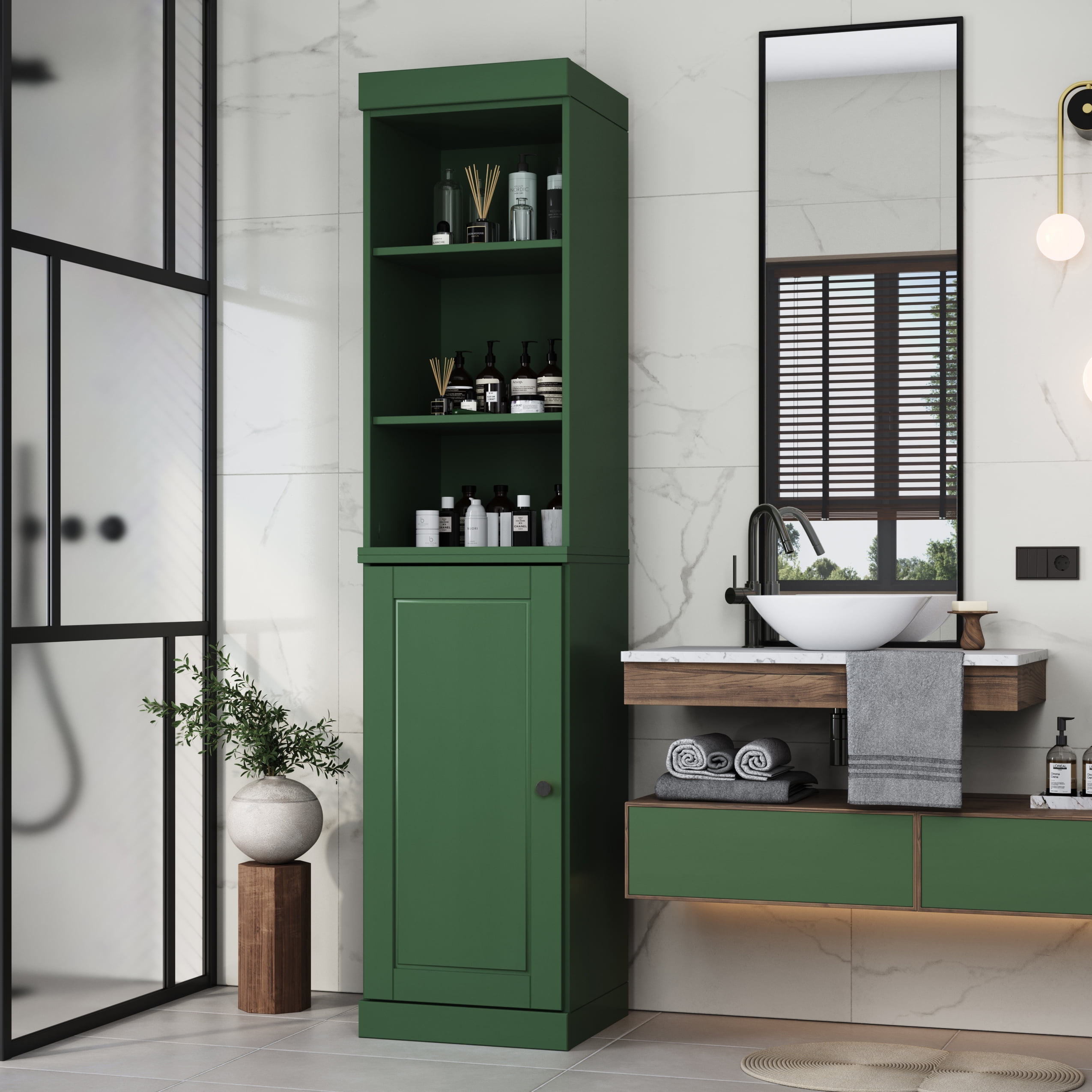 100% Solid Wood 16.5" Bathroom Storage Cabinet with Solid Doors and ...