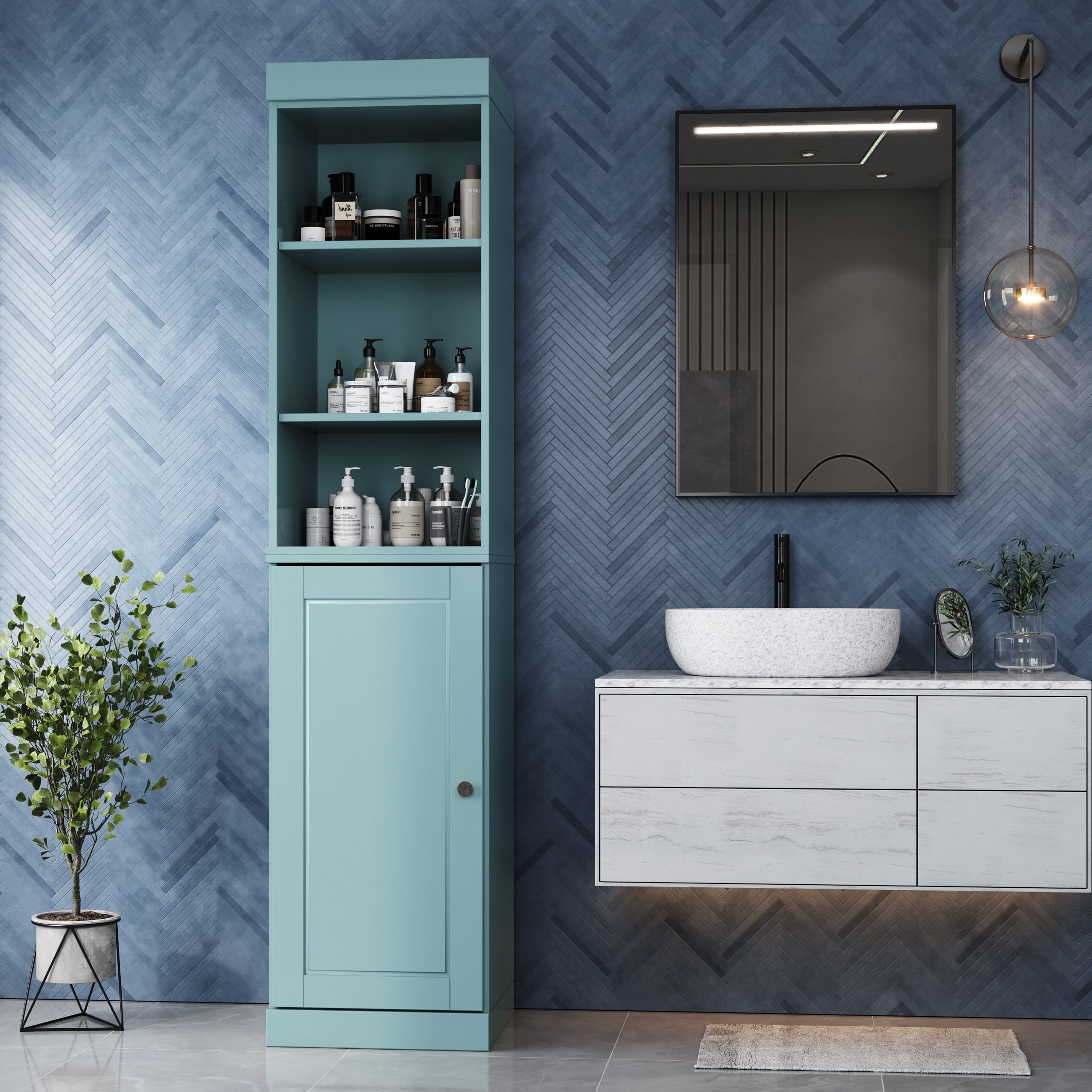 100% Solid Wood 16.5" Bathroom Storage Cabinet with Solid Doors and ...