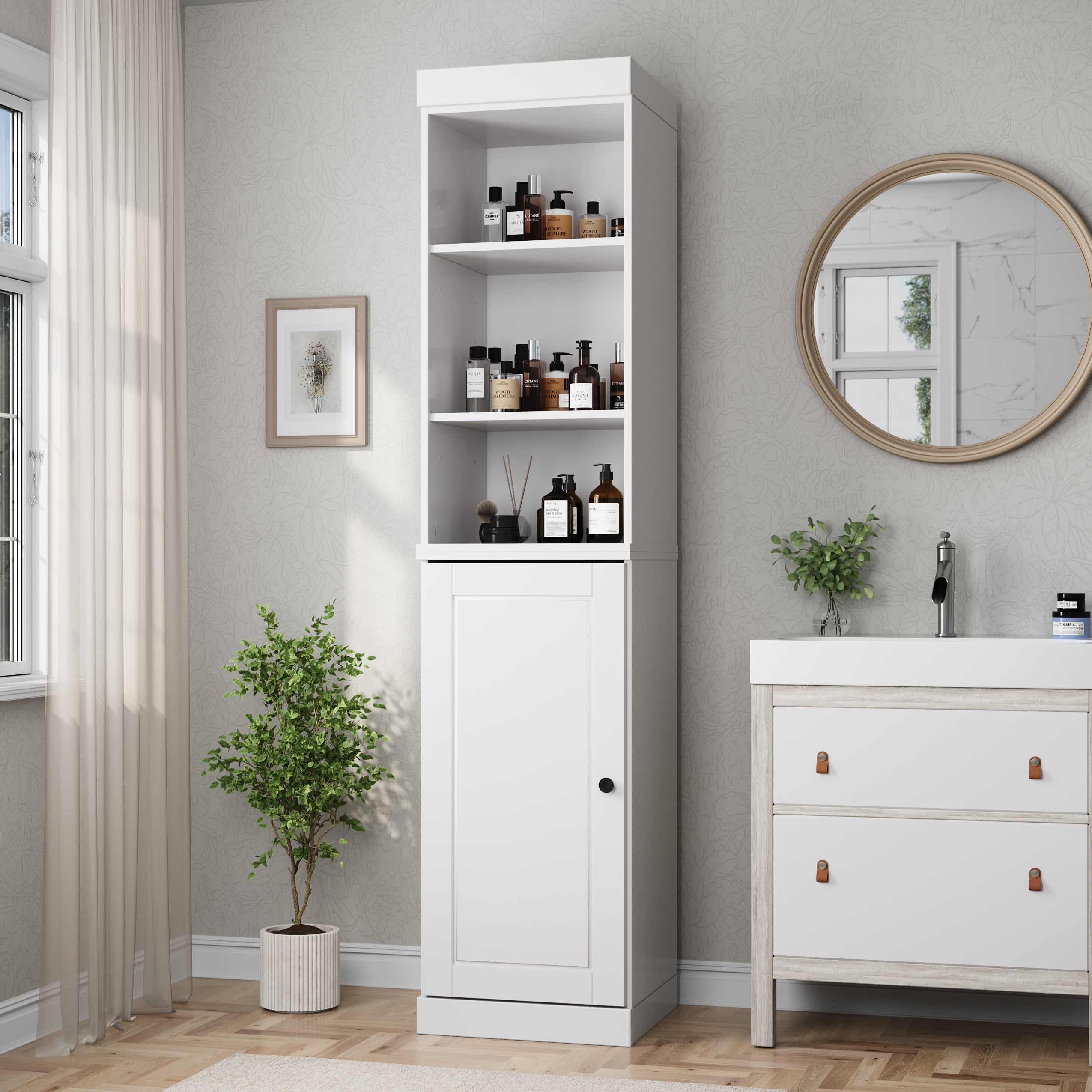 100% Solid Wood 16.5" Bathroom Storage Cabinet with Solid Doors and ...