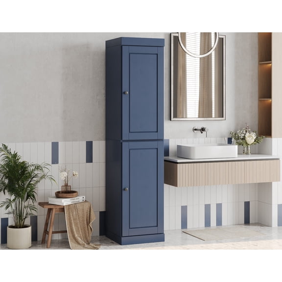 100% Solid Wood 16.5" Wide Bathroom Cabinet with Solid Doors, Antique Blue Wooden Cabinet Storage