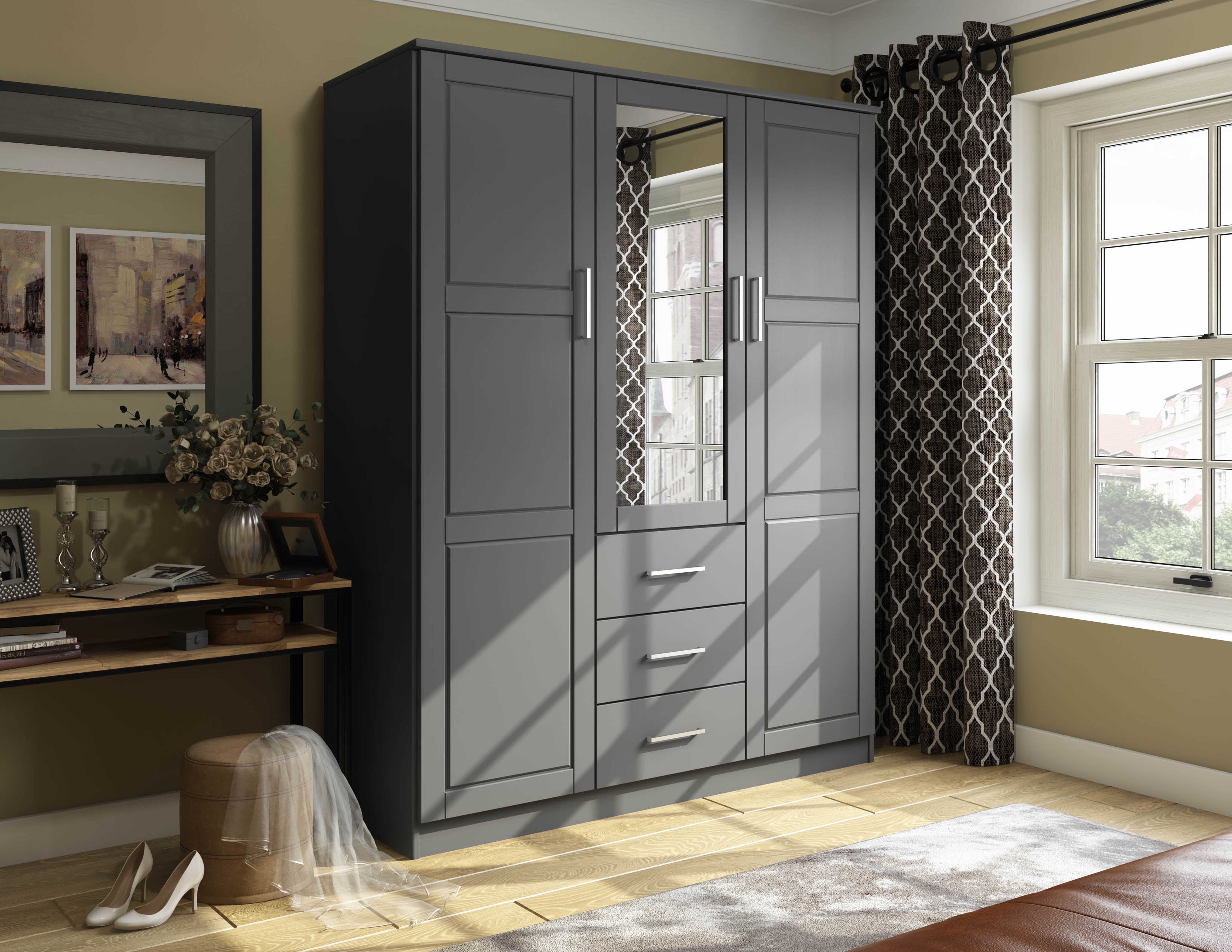 Grey corner wardrobe with mirror deals