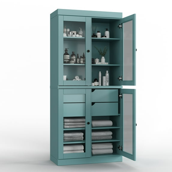 100% Solid Wood 32" Bathroom Cabinet with Clear Glass Doors, 2-Drawers and Adjustable Shelves