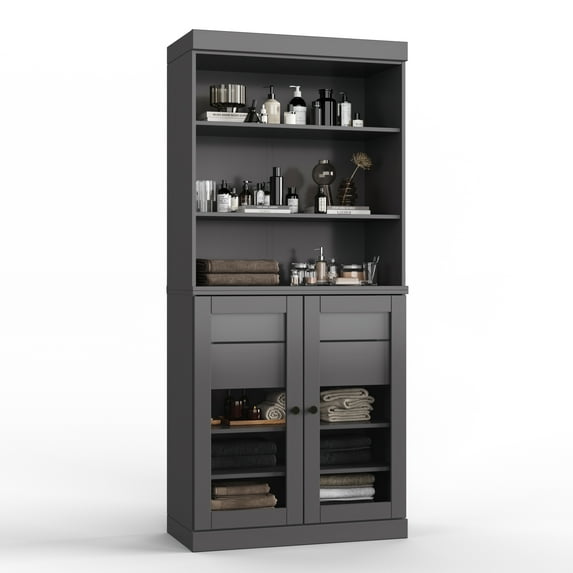 100% Solid Wood 32" Bathroom Cabinet with Clear Glass Doors, 2-Drawers and Adjustable Shelves