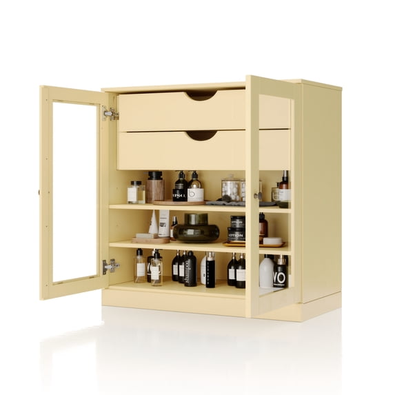 100% Solid Wood 32" Bathroom Cabinet with Clear Glass Doors, 2-Drawers and Adjustable Shelves