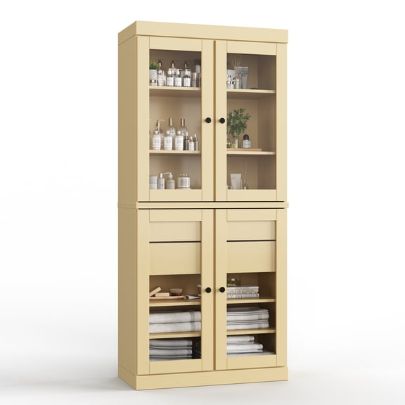 100% Solid Wood 32" Bathroom Cabinet with Clear Glass Doors, 2-Drawers and Adjustable Shelves